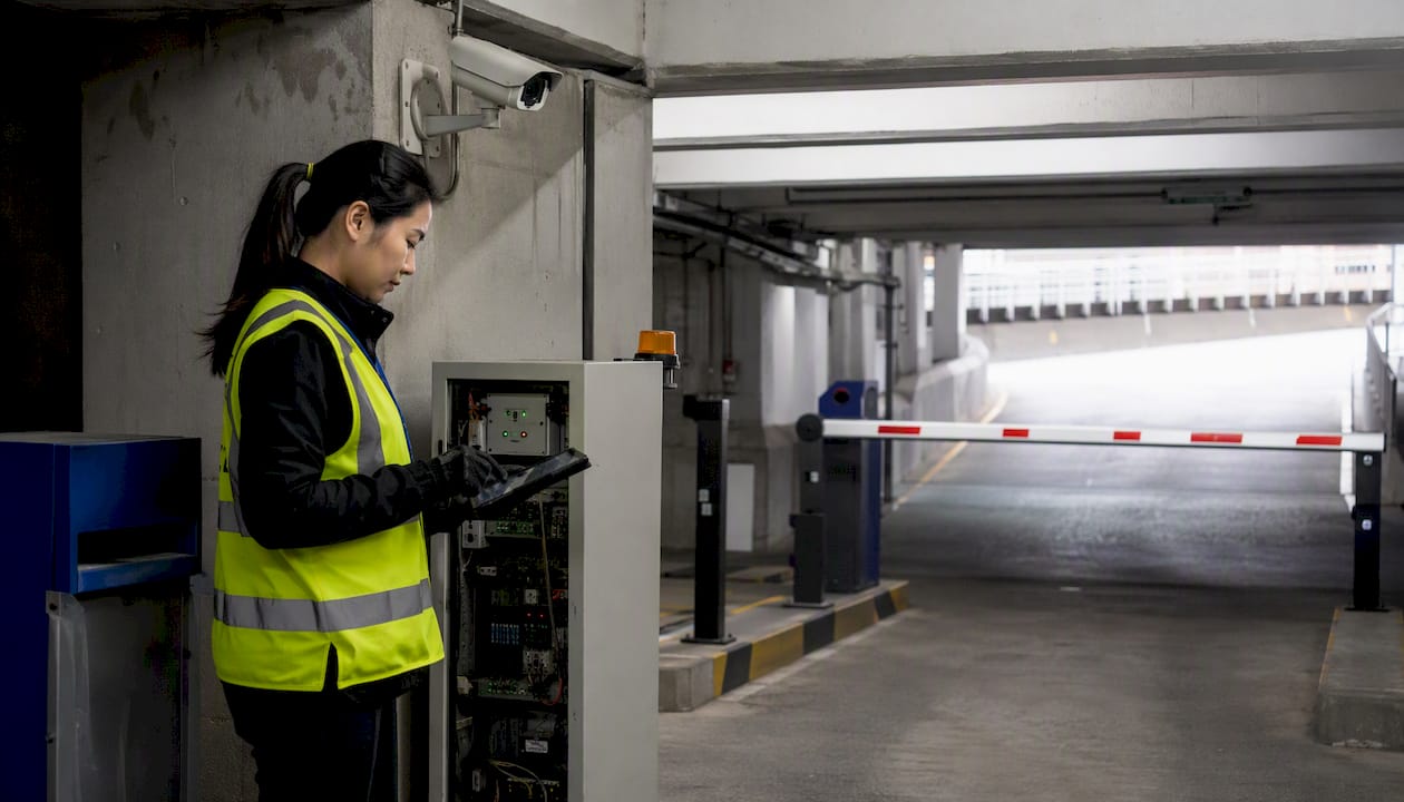Technician testing automated parking gate system