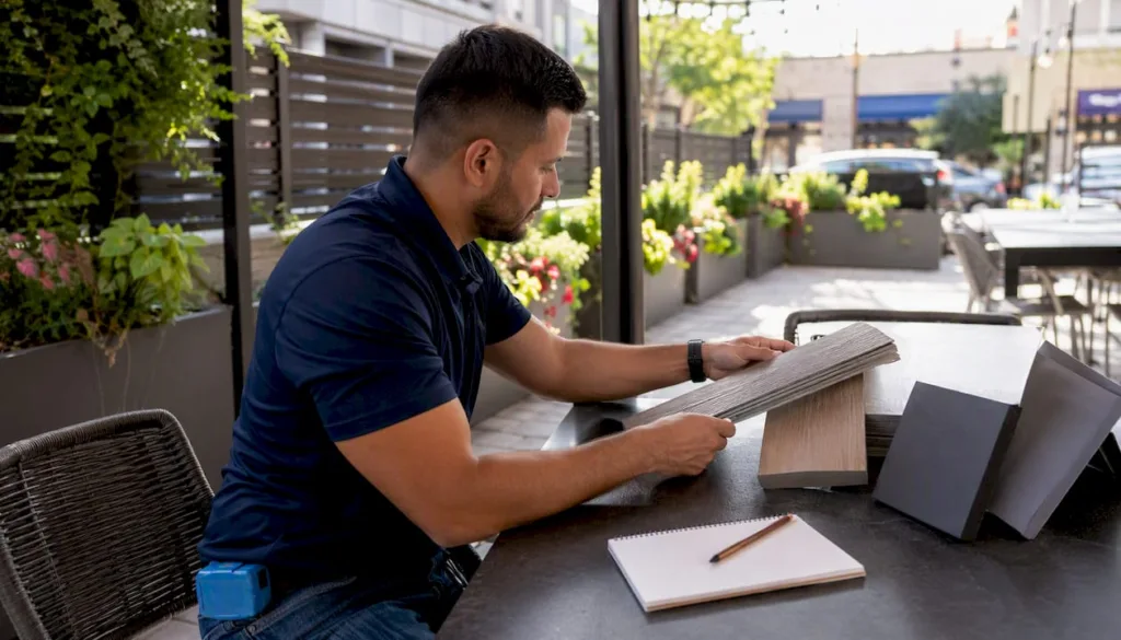 Contractor reviewing patio fence material samples