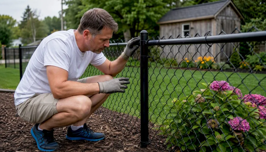 Homeowner inspecting black chain link fence