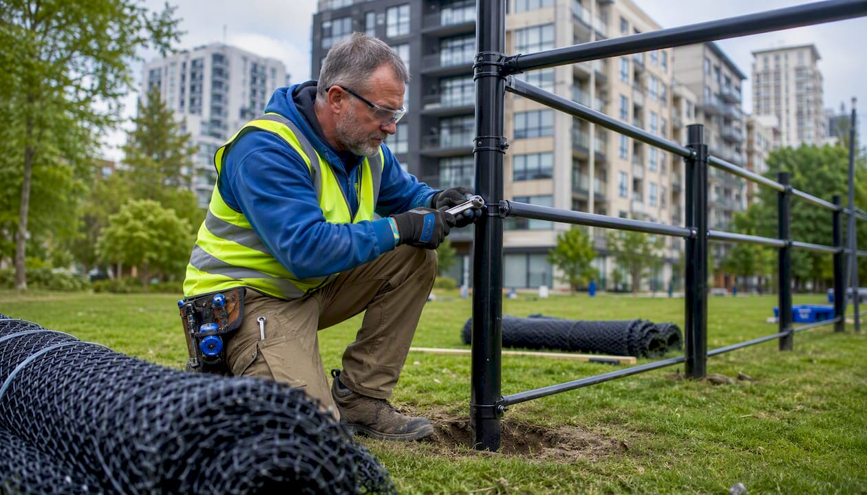 Installer assembling black chain link fence frame