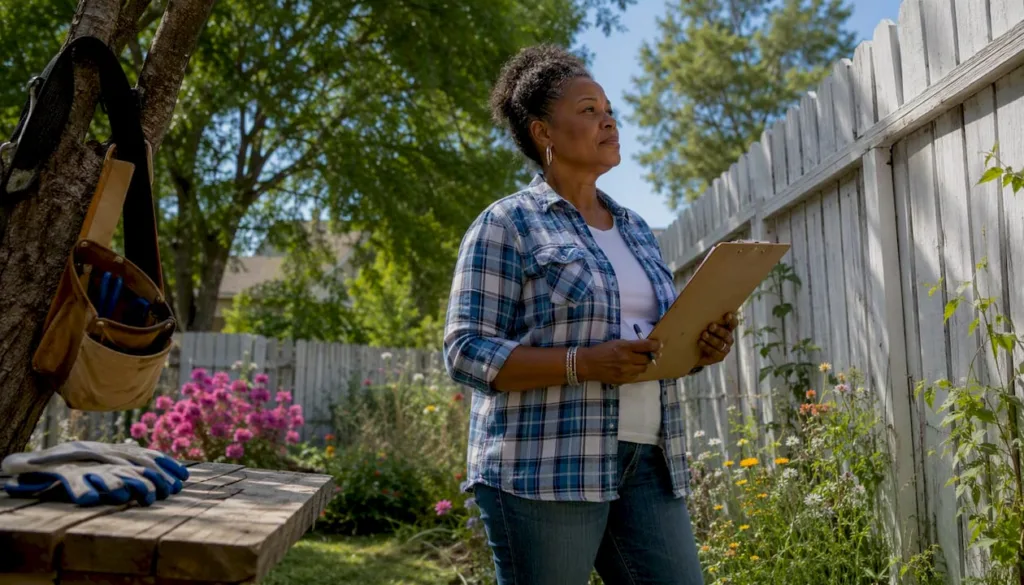 Homeowner inspecting yard fence with clipboard