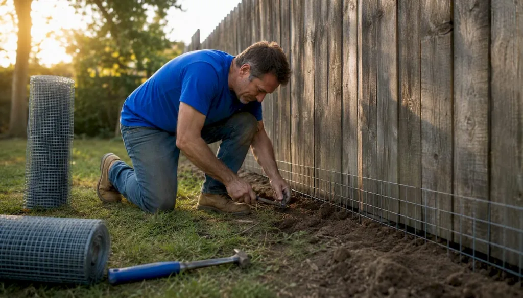 Man installing wire mesh dig-proof fence apron