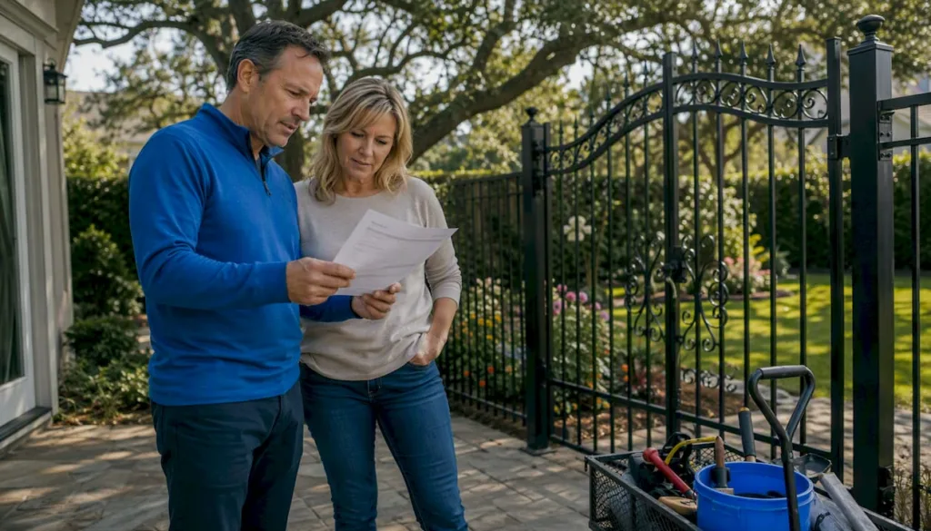 Homeowners reviewing gate installation costs outdoors