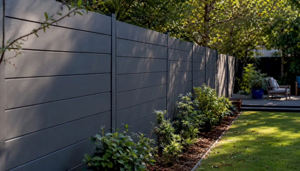 Residential backyard with noise reducing fence