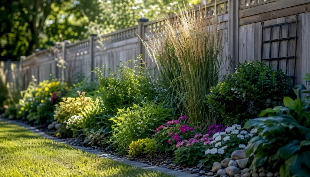 Layered plants growing neatly along a backyard fence