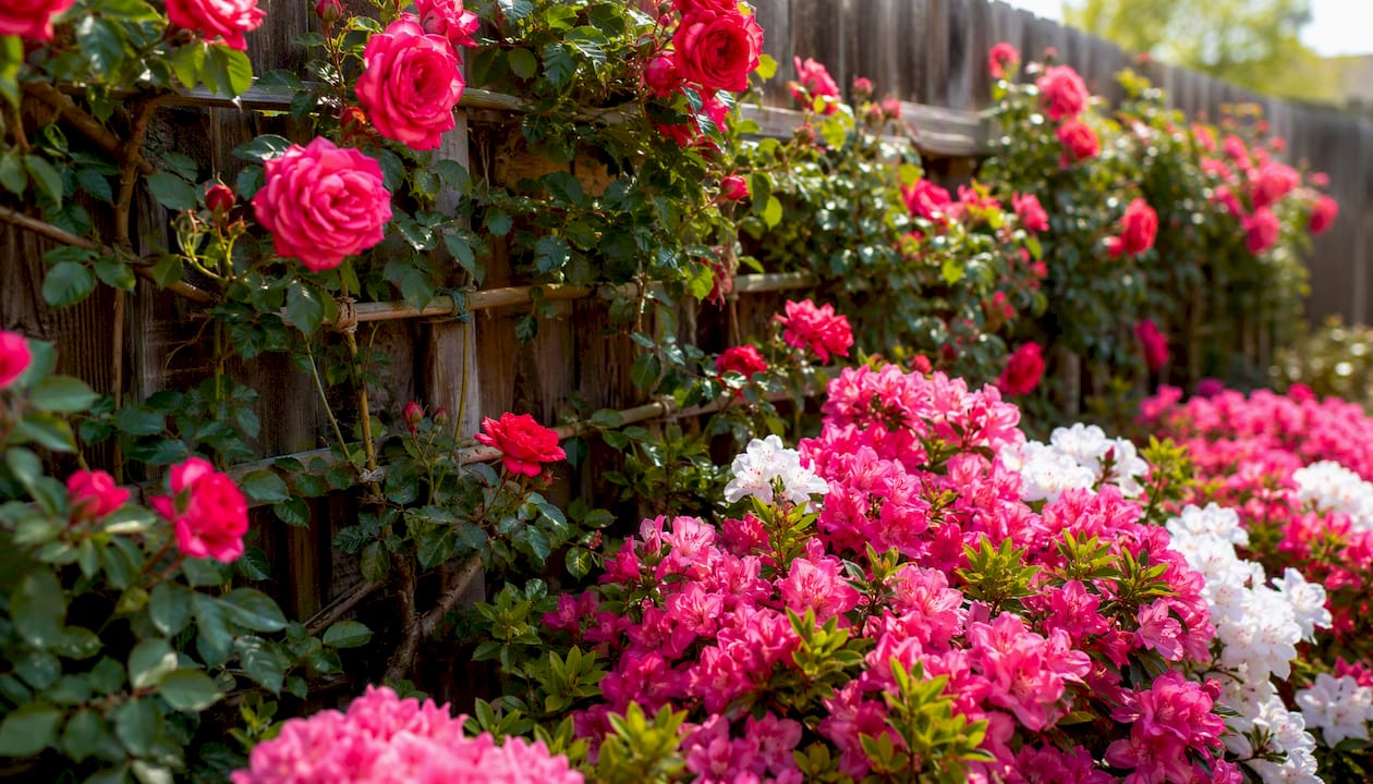 Blooming climbing roses and hydrangeas along fence