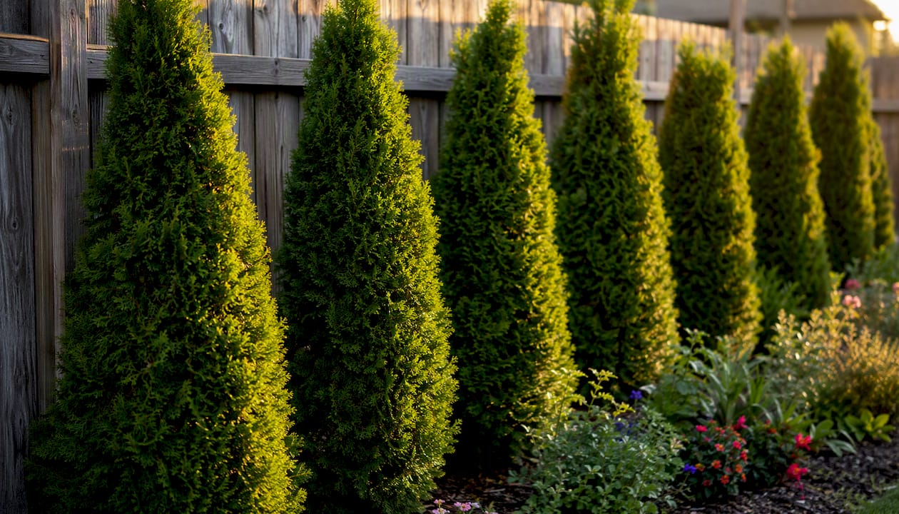 Close-up of evergreen shrubs planted for privacy near fence