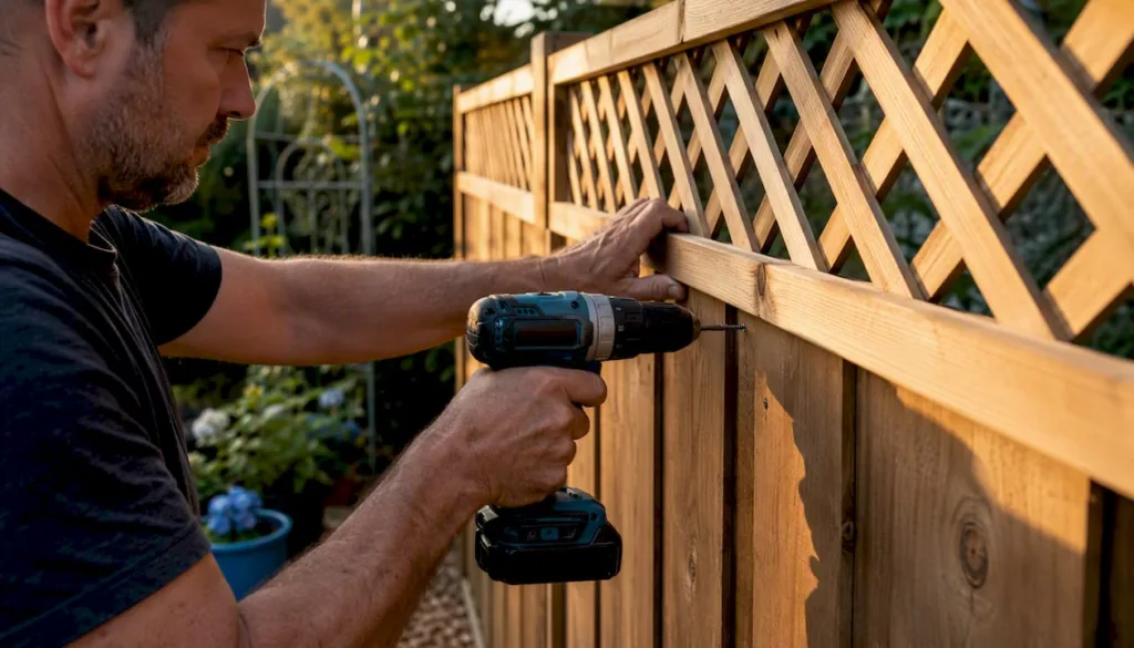Craftsman installing lattice top on wooden fence