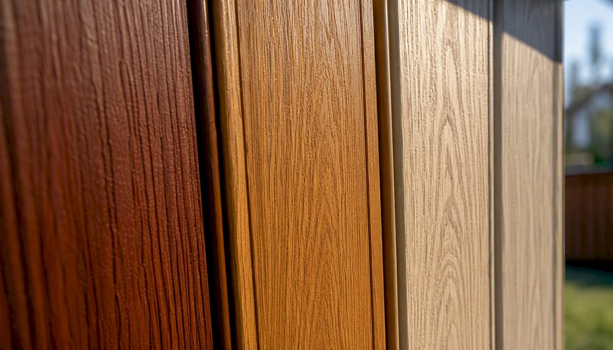 Close-up wood-grain texture on vinyl fence panels