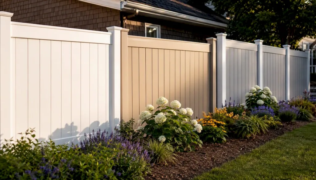 Vinyl fence sections in various colors in backyard