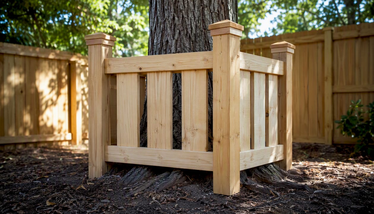 Wood fence bump-out framing tree trunk