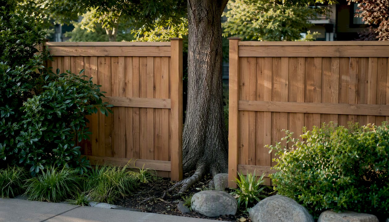 Fence terminating with gap around tree trunk