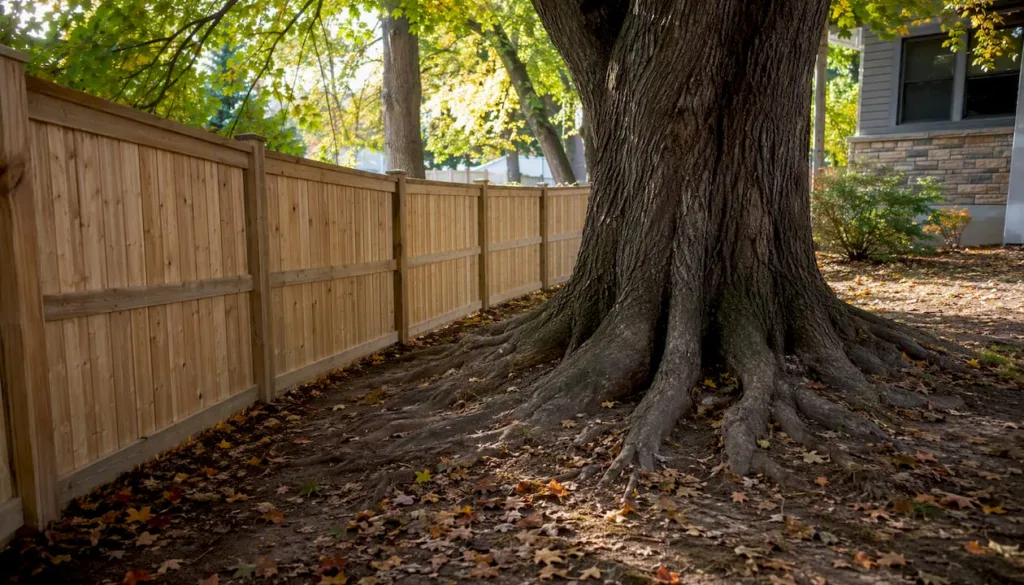 Fence built safely around mature tree trunk