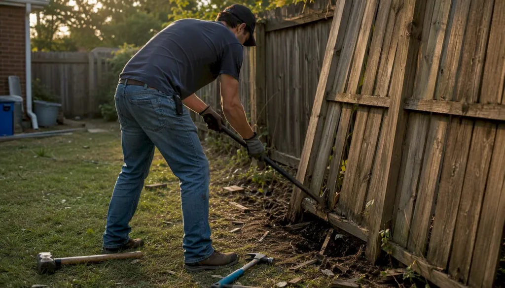 Person prying old wood fence panel in yard