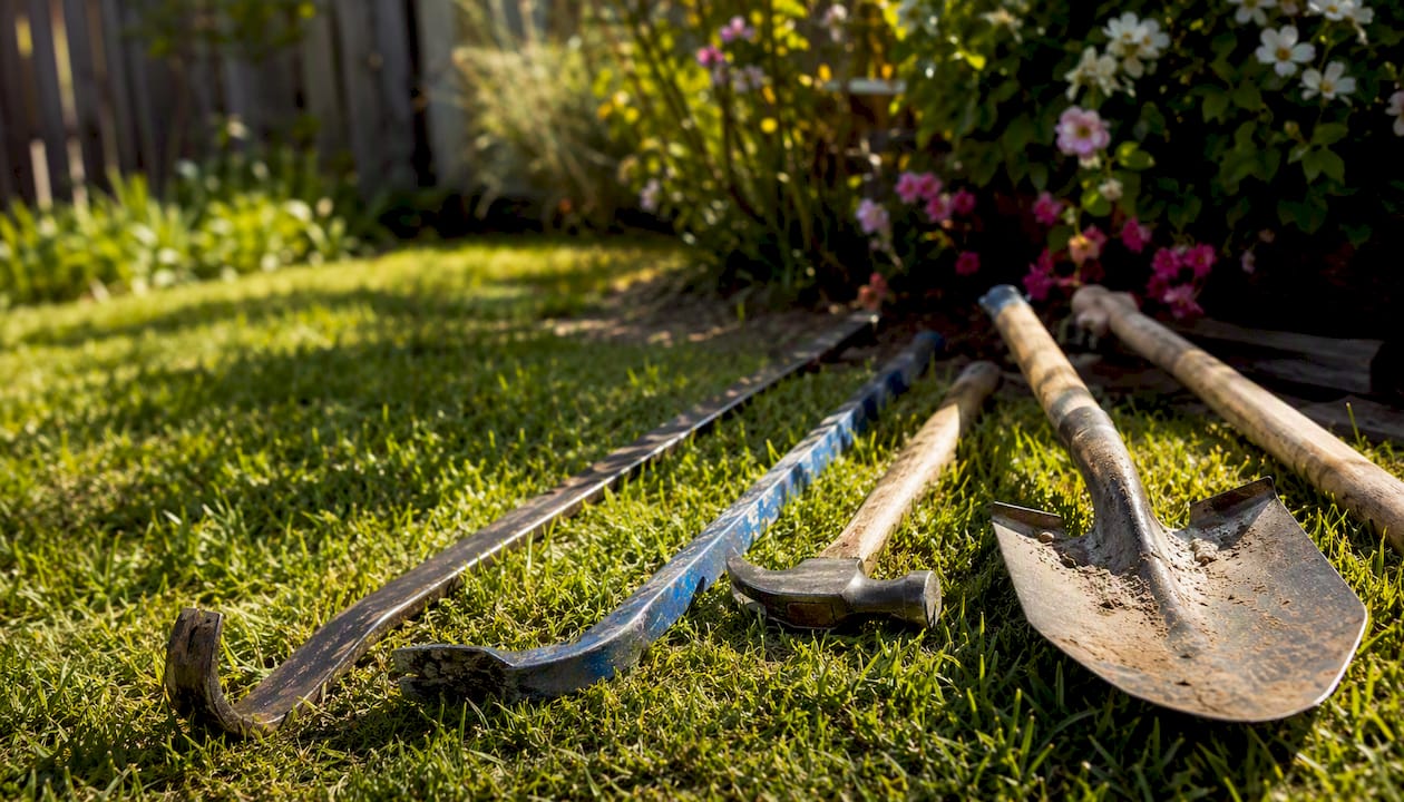 Tools used for old fence removal on grass