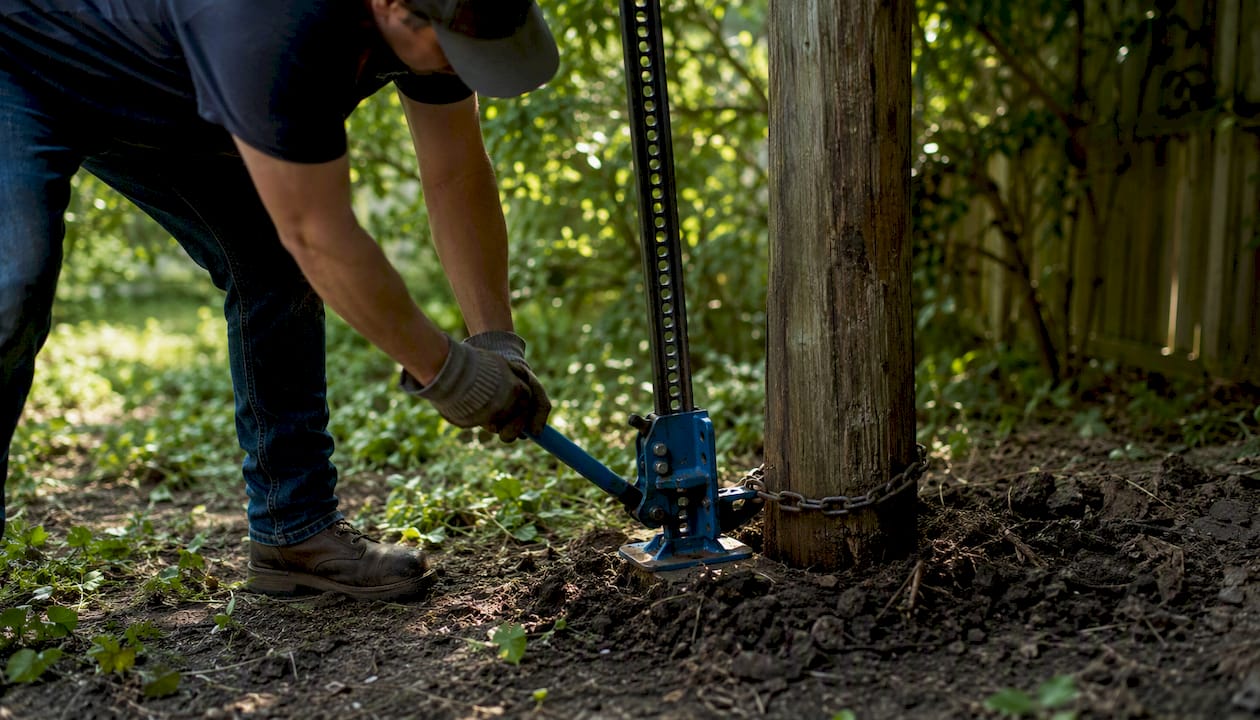 Using farm jack to pull fence post
