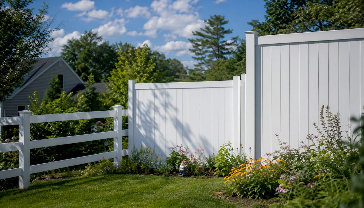 Varied vinyl fence styles side by side