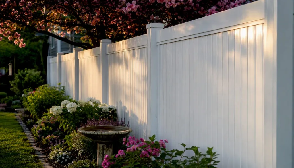 Freshly installed vinyl fence in backyard