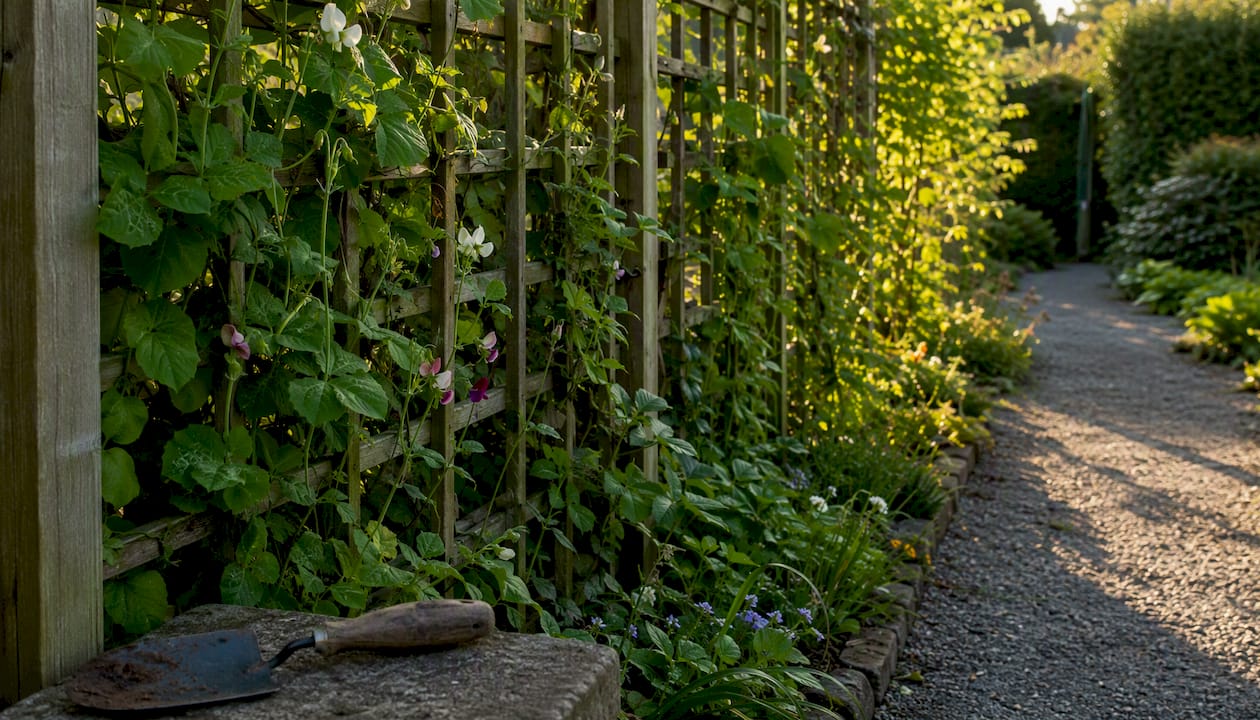Trellis fence with climbing plants in small yard