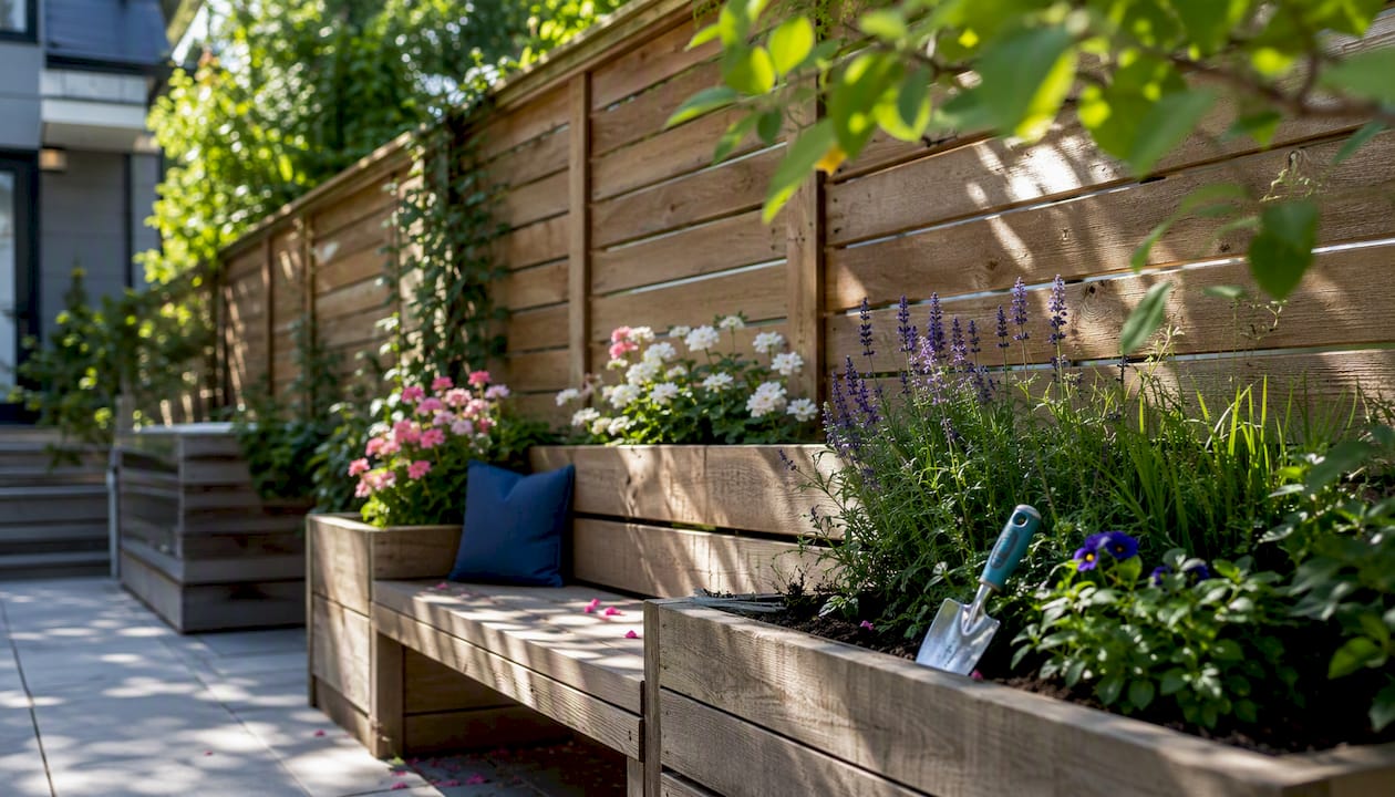 Short fence with planter and bench seating in small yard