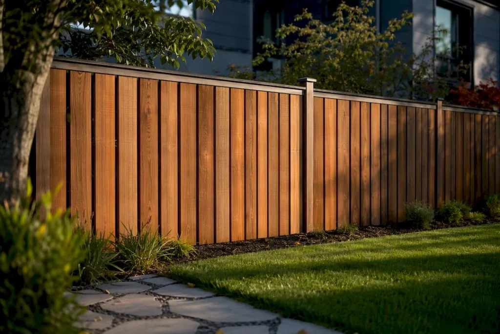 Modern fence with horizontal wooden slats in backyard