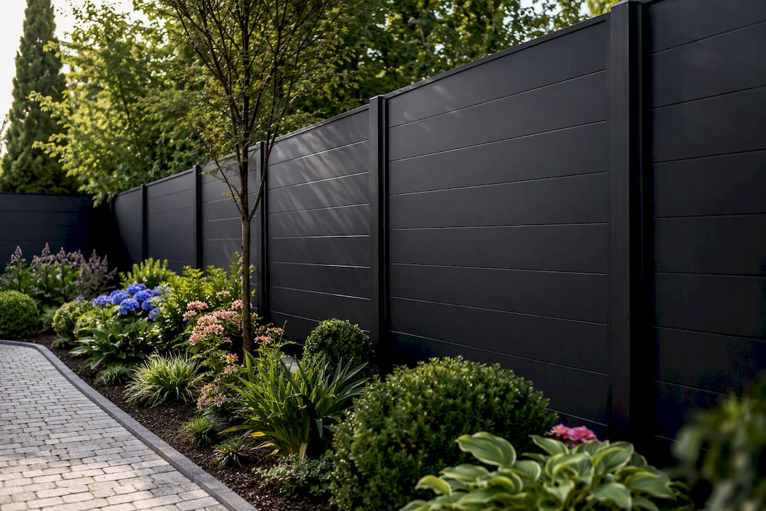 Modern black metal panel fence in suburban yard