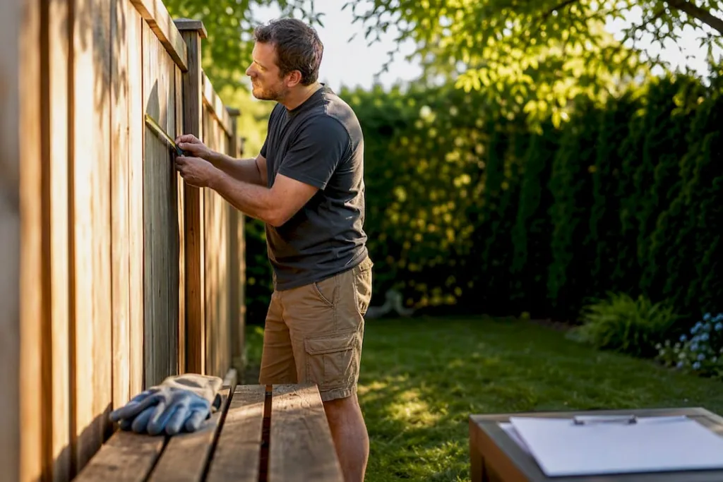 Homeowner measuring fence for HOA approval