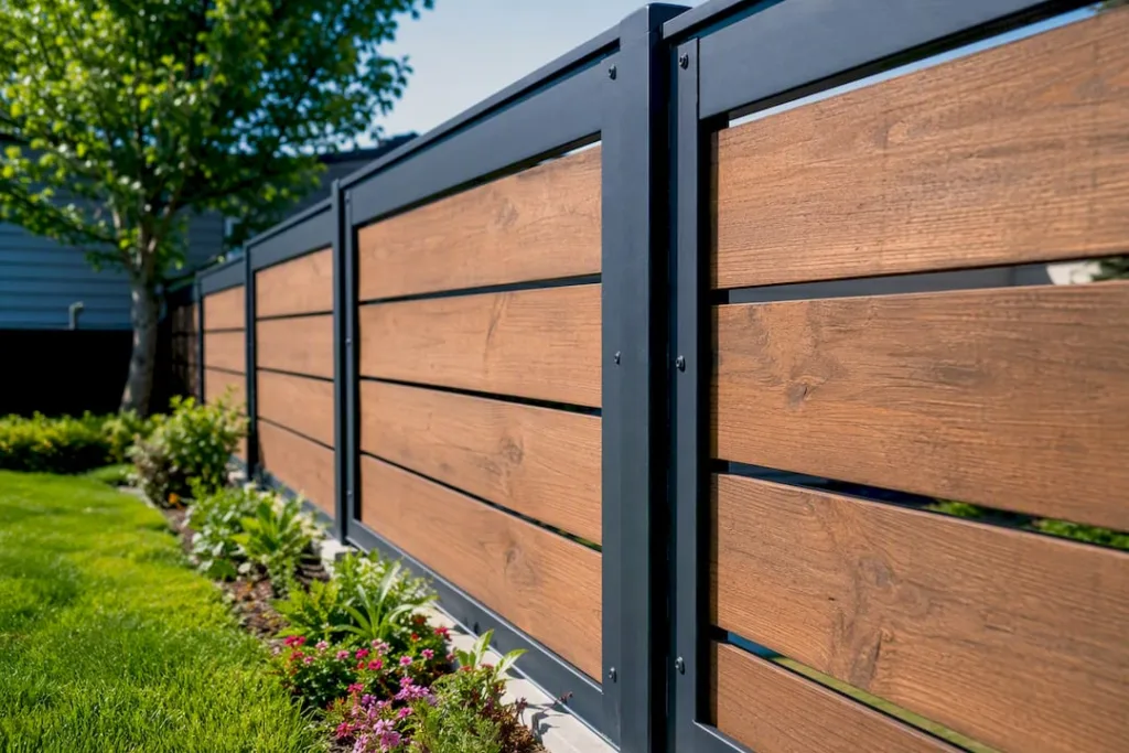 Mixed material fence with metal frame and wood boards